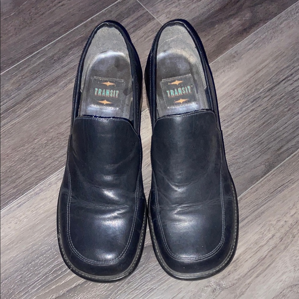 Black Leather Wedge Slip-On Shoes
